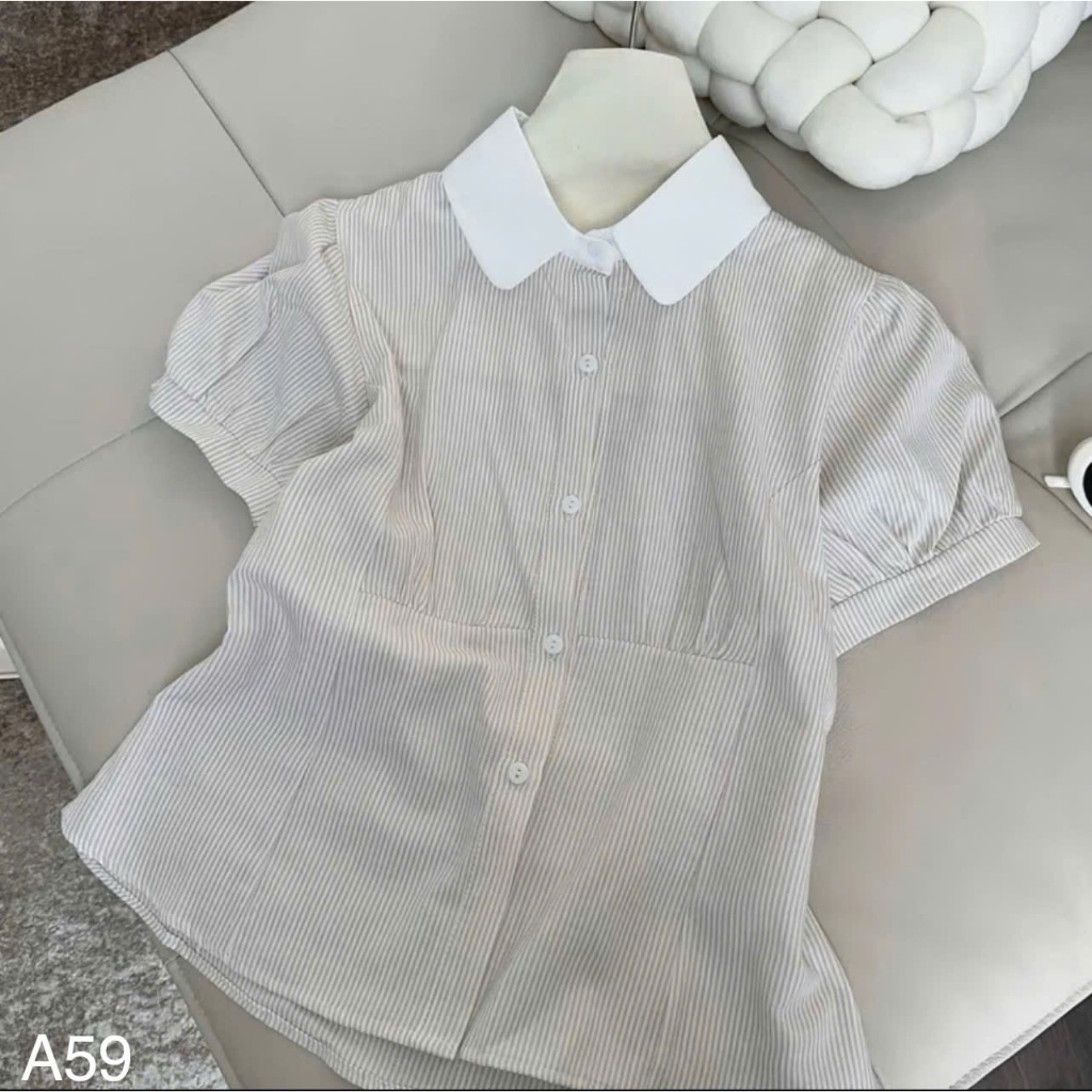 Áo sơ mi cổ sen kẻ sọc tay lỡ bồng buộc eo siêu xinh LALA  A59