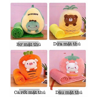 Bộ Chăn Gối Văn Phòng Hình Thú Kèm Chăn Nỉ, Chăn Kèm Gối Gấu Bông Quả Hình Thú Mang Đi Du Lịch Decor Tiện Lợi
