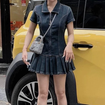 Váy Polo Nữ, Váy Ngắn Tay Chiết Eo Mix Chân Váy Liền Xếp Li Chất Jean Mềm Siêu Xinh