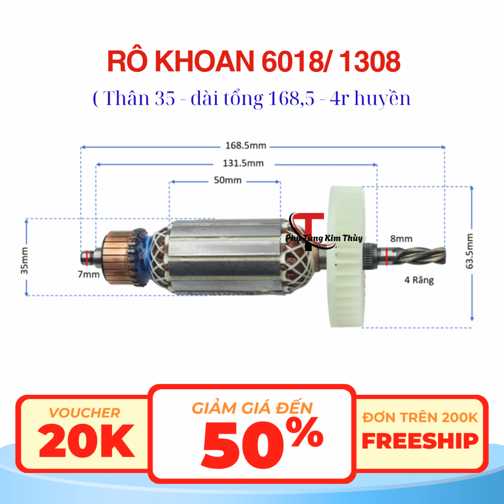 Rotor/ rô / ruột máy khoan 6018/ 1308 thân 35 dài 168 4 răng huyền ...