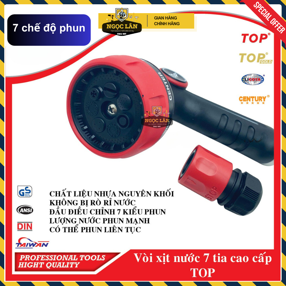 [Chính hãng TOP] Vòi xịt nước áp suất 7 tia TOP chống rò rỉ nước, chuôi nối nhanh 360 độ cao cấp