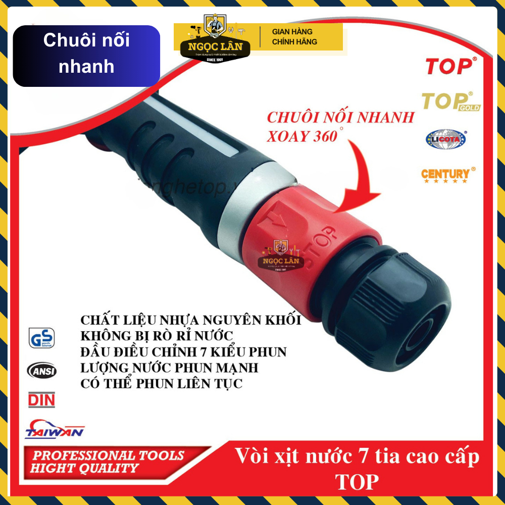 [Chính hãng TOP] Vòi xịt nước áp suất 7 tia TOP chống rò rỉ nước, chuôi nối nhanh 360 độ cao cấp