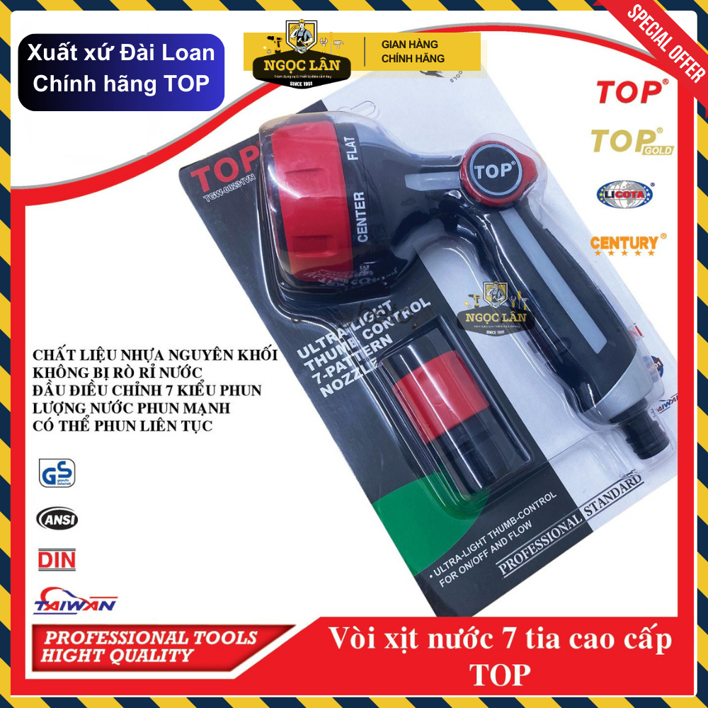 [Chính hãng TOP] Vòi xịt nước áp suất 7 tia TOP chống rò rỉ nước, chuôi nối nhanh 360 độ cao cấp