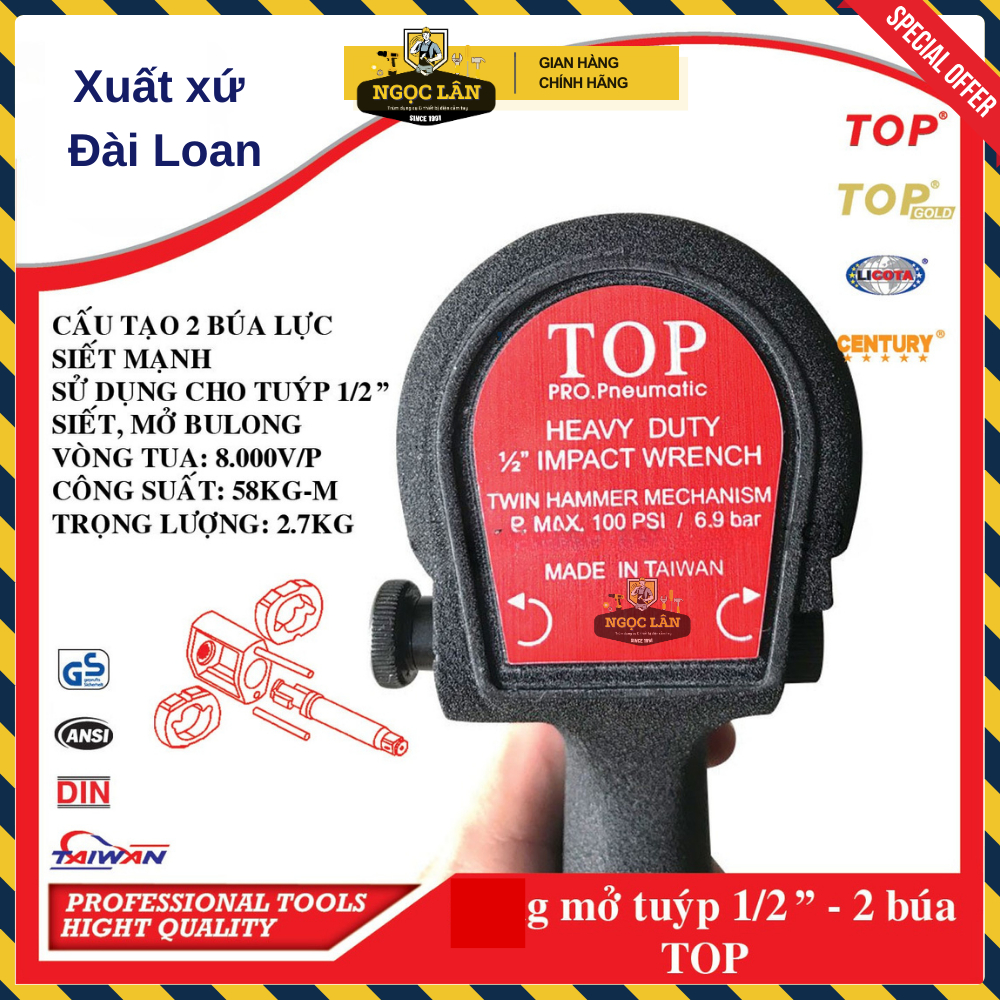 [Chính hãng TOP] Dụng cụ siết mở bulong TOP 1/2" 2 búa lực siết cao 420ft.lb chuyên gara xe máy