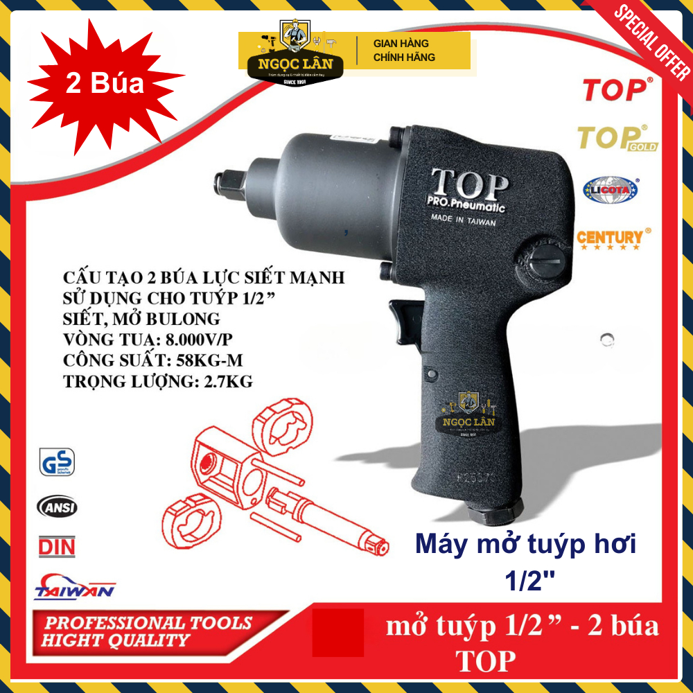 [Chính hãng TOP] Dụng cụ siết mở bulong TOP 1/2" 2 búa lực siết cao 420ft.lb chuyên gara xe máy