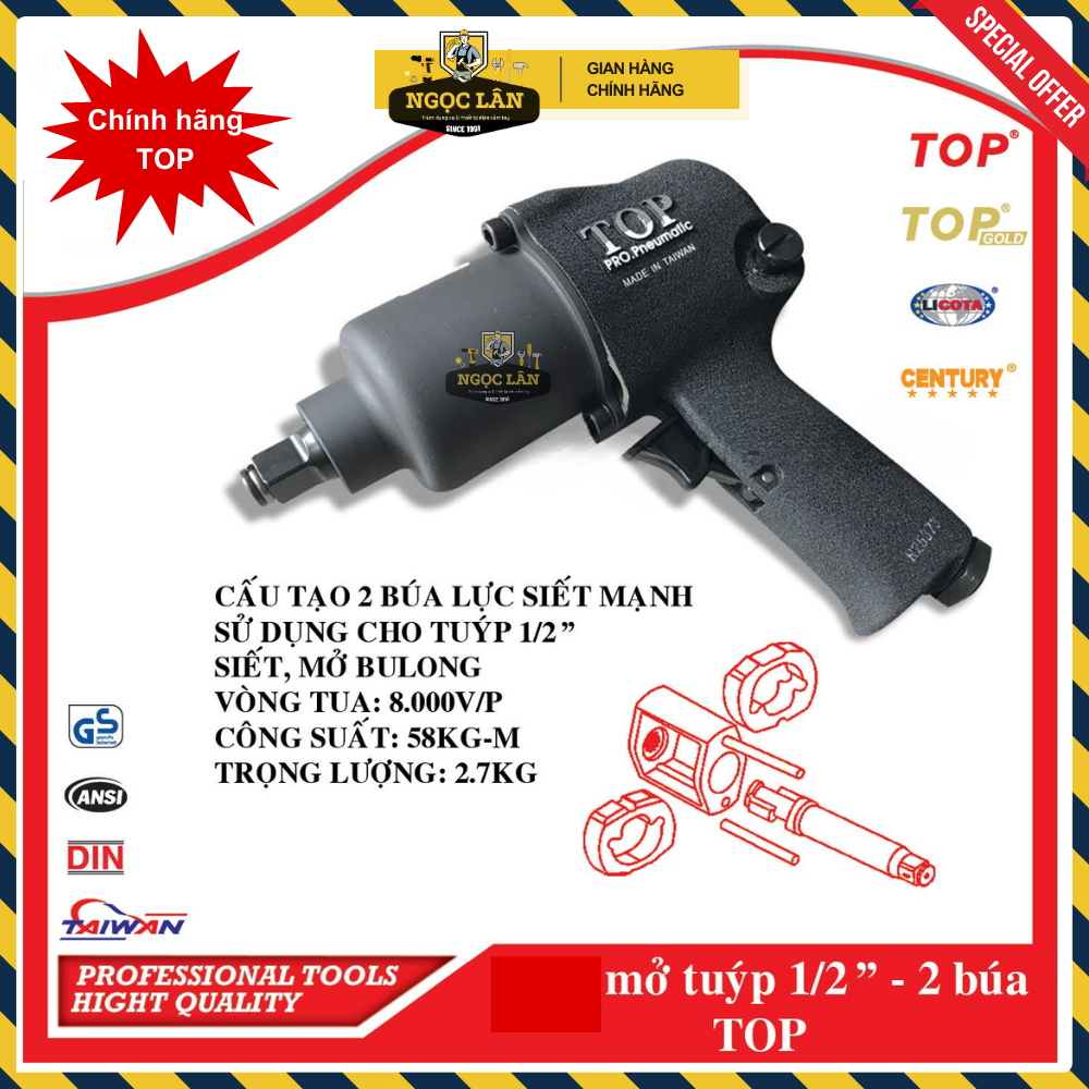 [Chính hãng TOP] Dụng cụ siết mở bulong TOP 1/2" 2 búa lực siết cao 420ft.lb chuyên gara xe máy