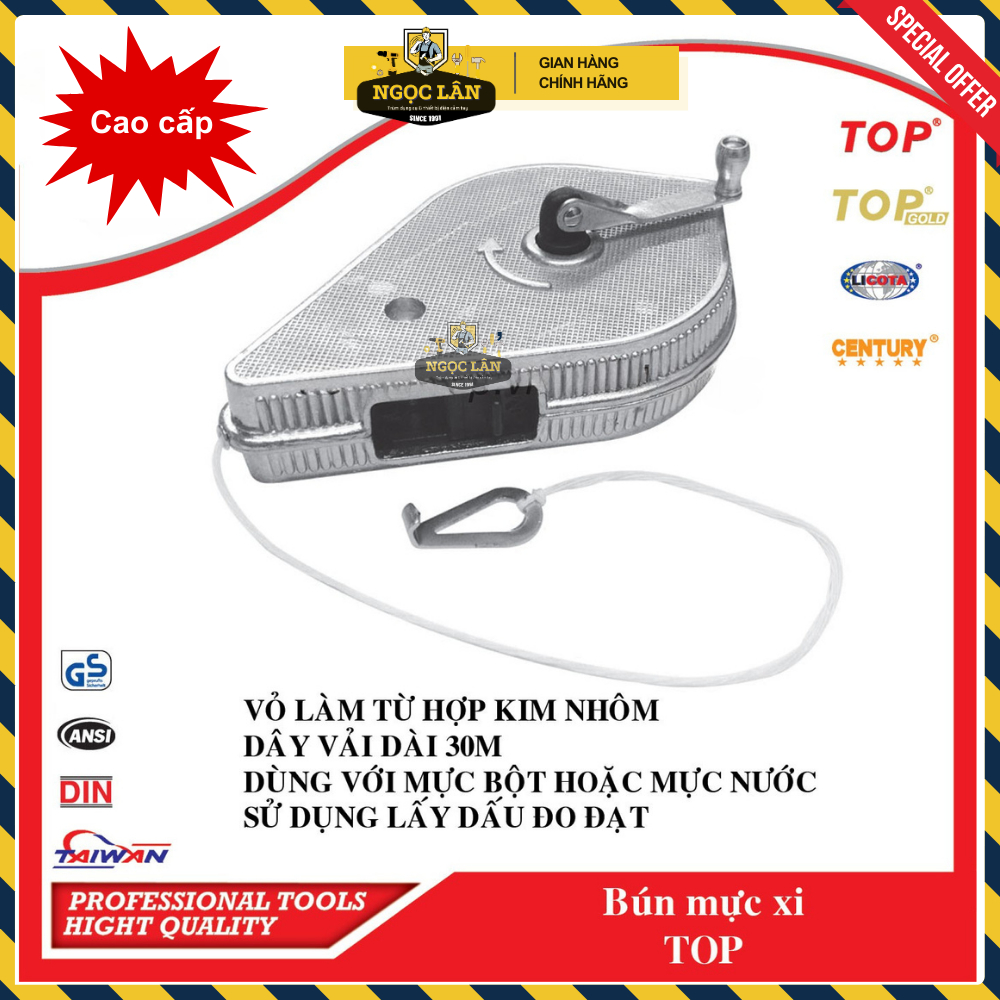 [Chính hãng TOP] Bật mực, thước búng mực TOP xi, dây 30m hàng Đài Loan cao cấp