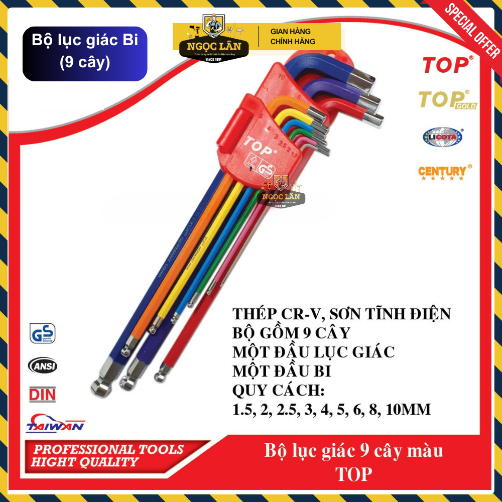 [Chính hãng TOP] Bộ lục giác bi và lục giác bông mai TOP 9 cây màu thép C60, sơn tĩnh điện cao cấp