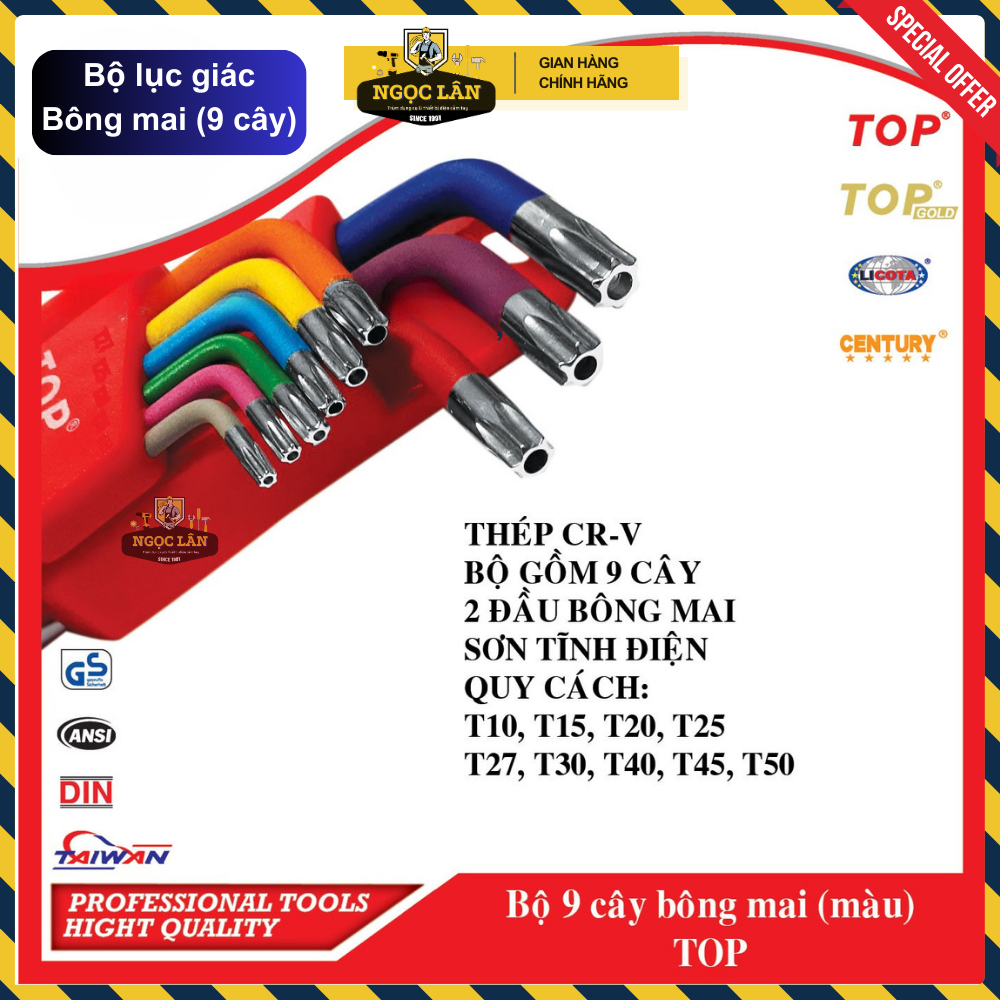 [Chính hãng TOP] Bộ lục giác bi và lục giác bông mai TOP 9 cây màu thép C60, sơn tĩnh điện cao cấp
