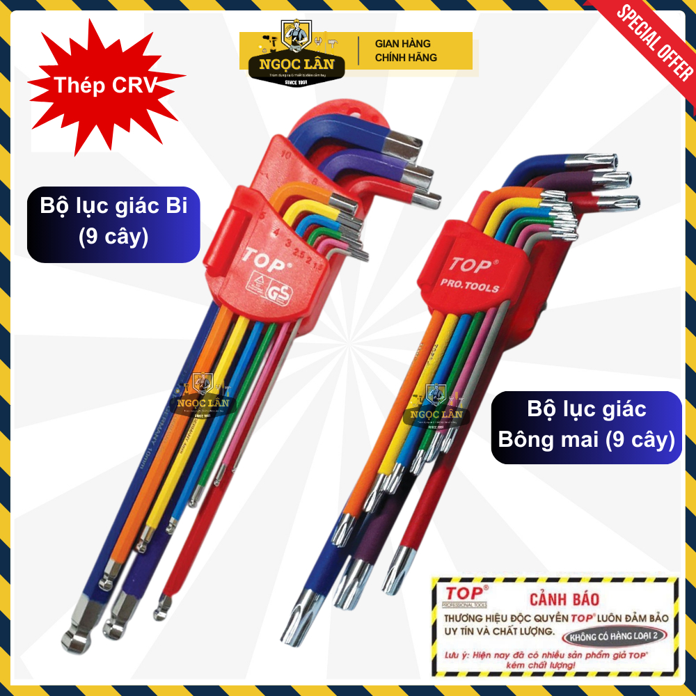 [Chính hãng TOP] Bộ lục giác bi và lục giác bông mai TOP 9 cây màu thép C60, sơn tĩnh điện cao cấp