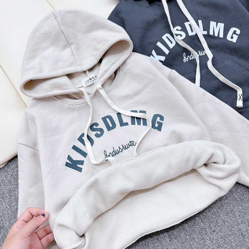 Size 17-60kg Áo nỉ cotton Hàn dáng HOODIE in chữ KIDSDLMG bên trong có lót nỉ êm mềm, ấm áp cho bé trai có 2 màu Ghi xám