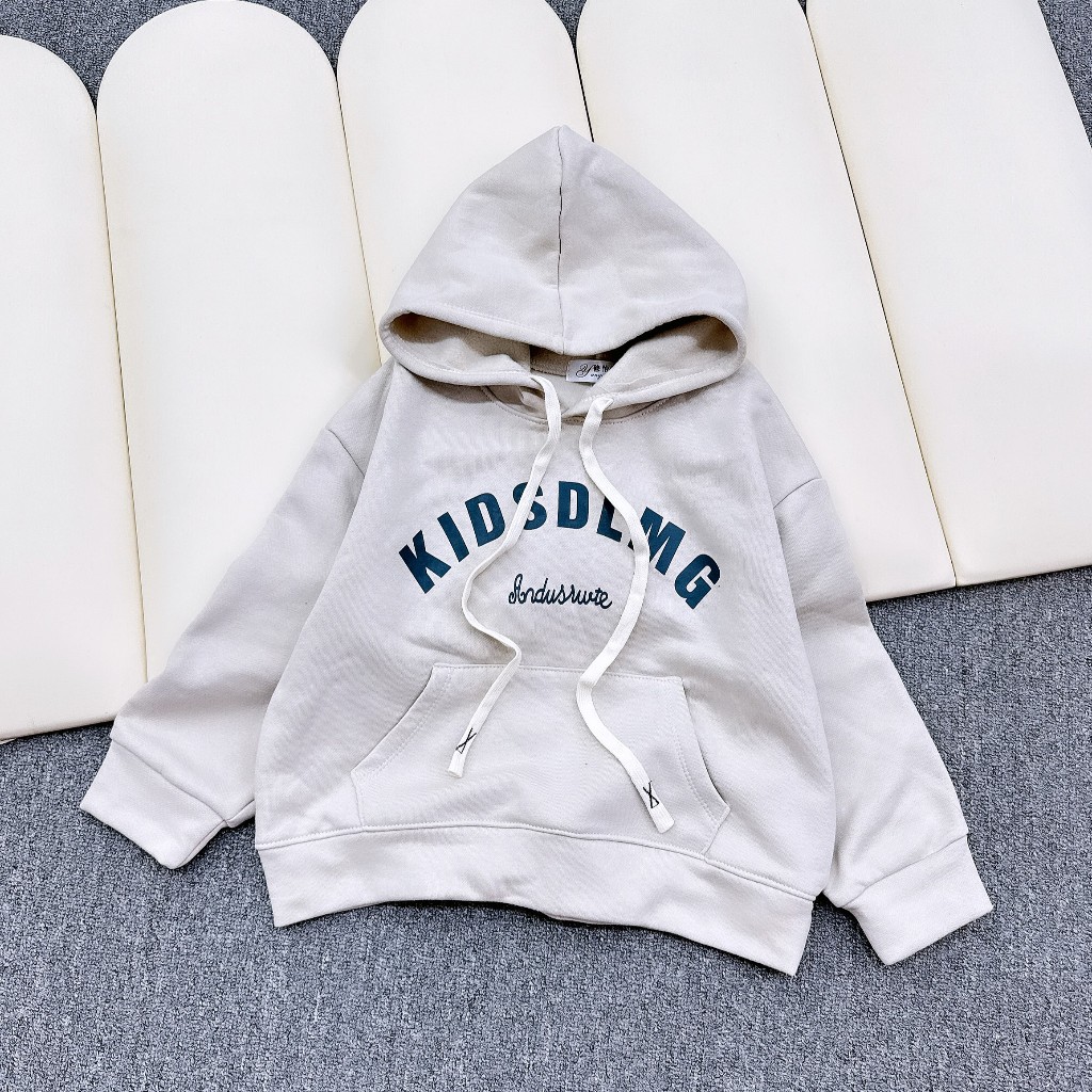 Size 17-60kg Áo nỉ cotton Hàn dáng HOODIE in chữ KIDSDLMG bên trong có lót nỉ êm mềm, ấm áp cho bé trai có 2 màu Ghi xám