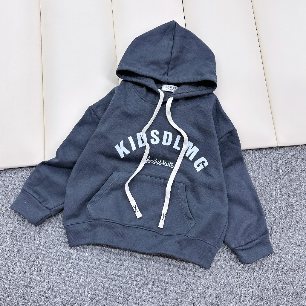 Size 17-60kg Áo nỉ cotton Hàn dáng HOODIE in chữ KIDSDLMG bên trong có lót nỉ êm mềm, ấm áp cho bé trai có 2 màu Ghi xám