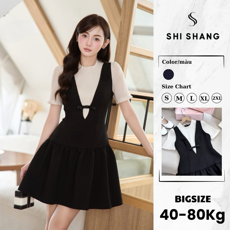 [𝐇𝐨𝐭𝐭𝐫𝐞𝐧𝐝] Váy thiết kế Bigsize Shi Shang, Váy cổ yếm phối tơ dáng ngắn DNC02