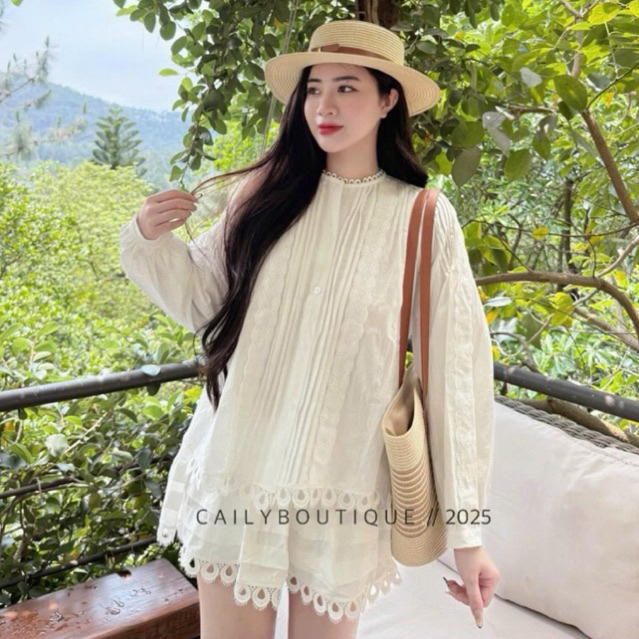 MIU.STUDIO • Set áo thô tay bồng đính khuy phối ren bèo cao cấp + chân váy xoè ( kèm quần bảo hộ ) “Pepe Set”