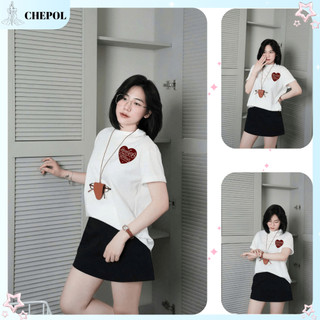 Bộ Áo Phông Nữ Chepol Cao Cấp, Form Rộng, In Chữ, Cổ Tròn, Phối Chân Váy, Chất Cotton( Áo Thun Trắng + CV Ngắn )CP_x8183