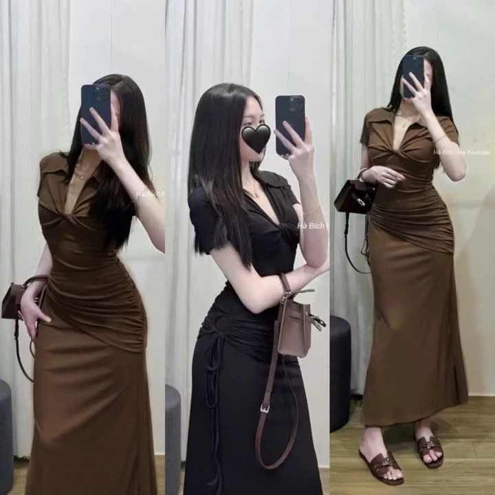 váy body sơmi giáng dài vải thun gân váy thường mặc .váy dự tiệc ,thanh lịch kheo giáng