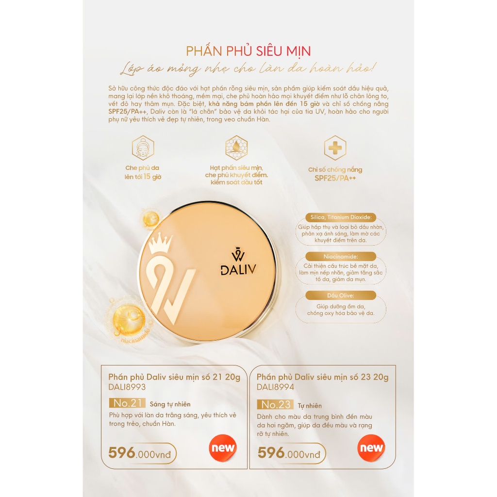 Phấn phủ Daliv kiểm soát dầu chống nắng SPF 25 PA ++ 20g (số 21, số 23)