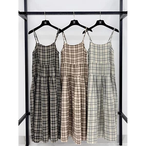 Váy 2 dây kẻ caro dáng dài 2 tầng xòe vintage đi biển du lịch Đầm hai dây maxi đi chơi mặc nhà trẻ trung nữ tính T1105G