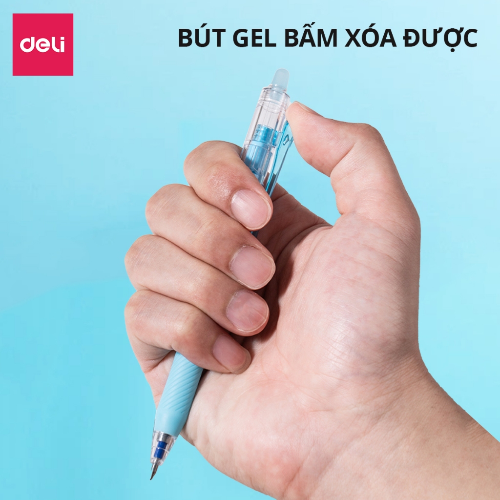 Bút Gel Xóa Được Deli - Bút Bi Bút Nước Bấm Mực Xanh Đen Tím Ngòi 0.5mm Mực Đều Viết Đẹp Dễ Dàng Tẩy Xóa Có Gôm