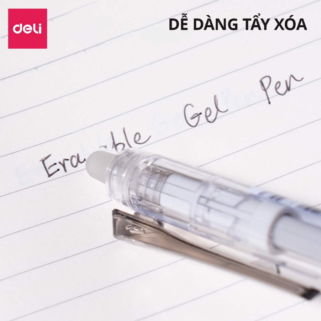Bút Gel Xóa Được Deli - Bút Bi Bút Nước Bấm Mực Xanh Đen Tím Ngòi 0.5mm Mực Đều Viết Đẹp Dễ Dàng Tẩy Xóa Có Gôm