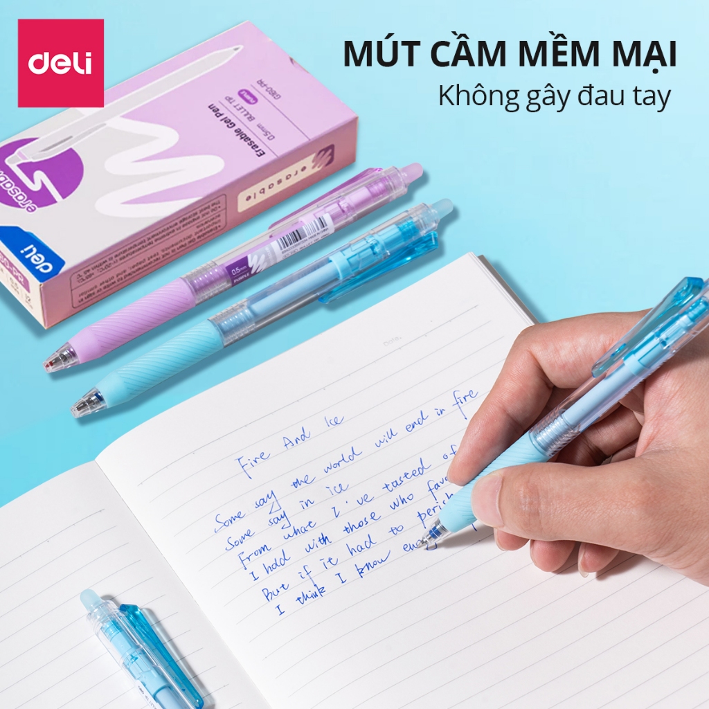 Bút Gel Xóa Được Deli - Bút Bi Bút Nước Bấm Mực Xanh Đen Tím Ngòi 0.5mm Mực Đều Viết Đẹp Dễ Dàng Tẩy Xóa Có Gôm