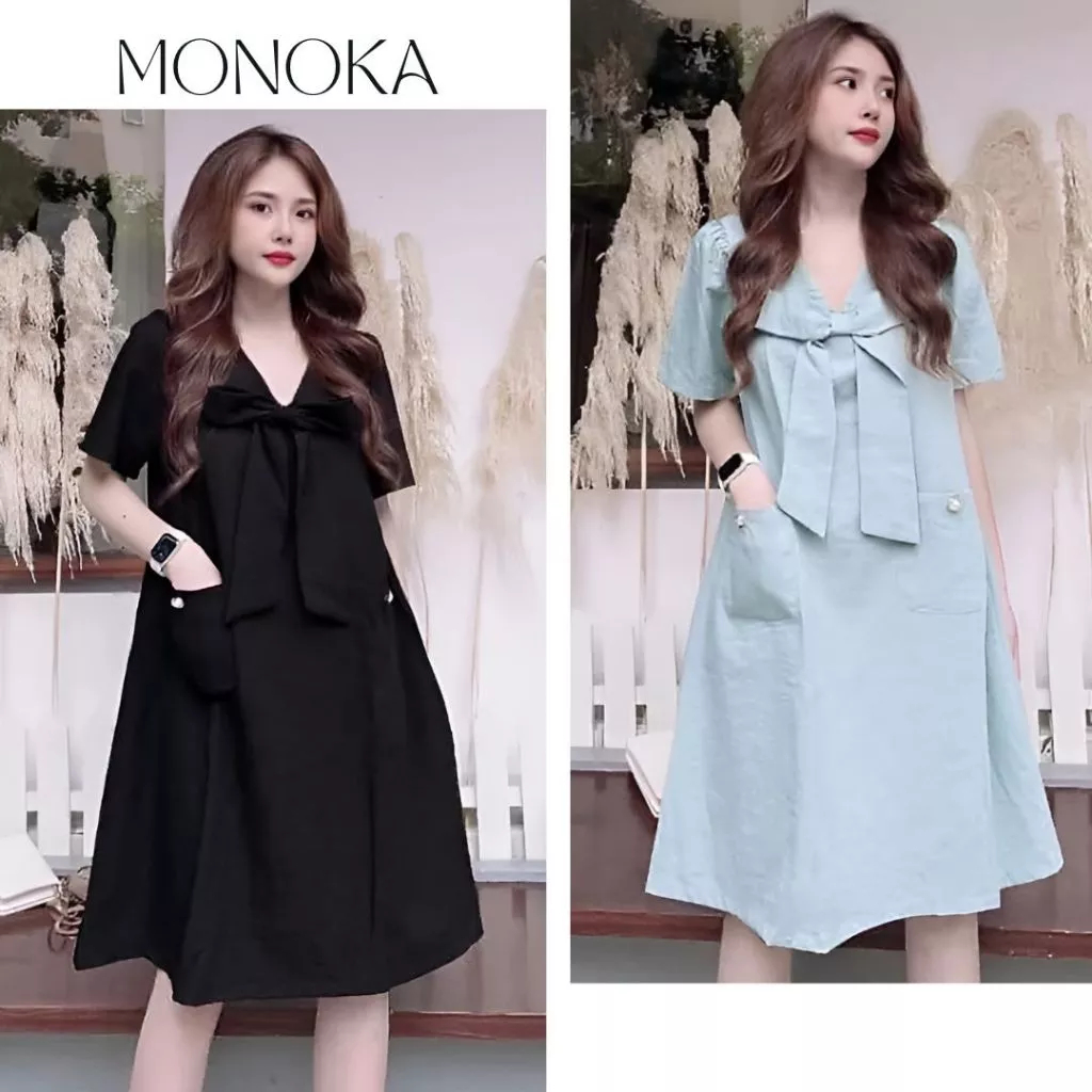 Váy babydoll cổ V cộc tay nơ to nhiều màu dễ thương Đầm nữ dáng rộng dài tới đầu gối bigsize bánh bèo xinh cute T645G