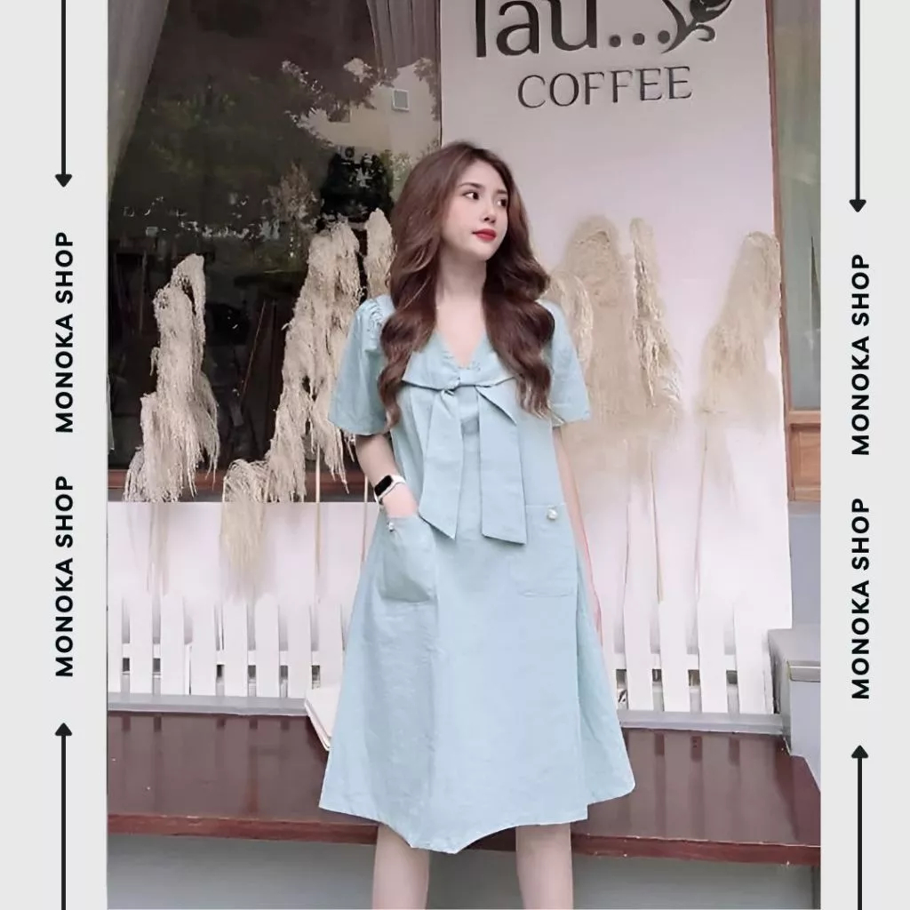 Váy babydoll cổ V cộc tay nơ to nhiều màu dễ thương Đầm nữ dáng rộng dài tới đầu gối bigsize bánh bèo xinh cute T645G