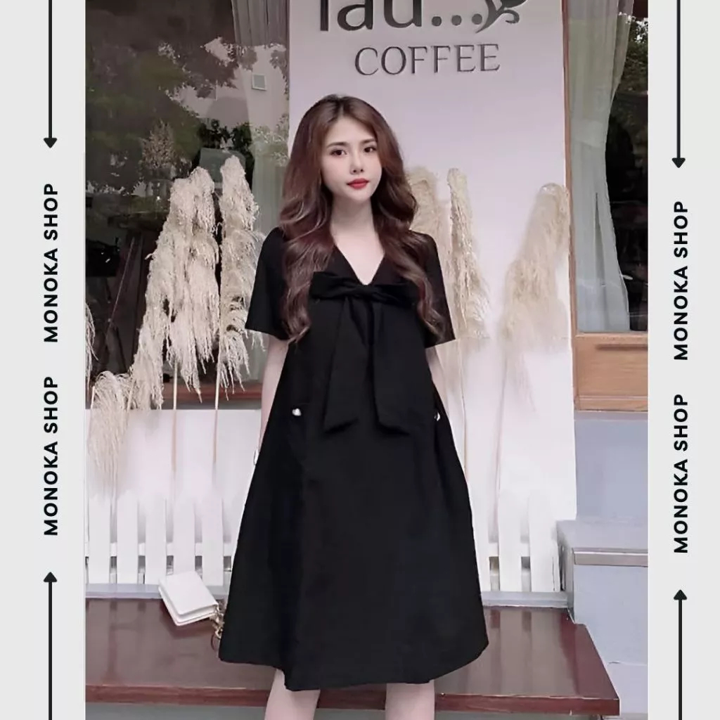 Váy babydoll cổ V cộc tay nơ to nhiều màu dễ thương Đầm nữ dáng rộng dài tới đầu gối bigsize bánh bèo xinh cute T645G