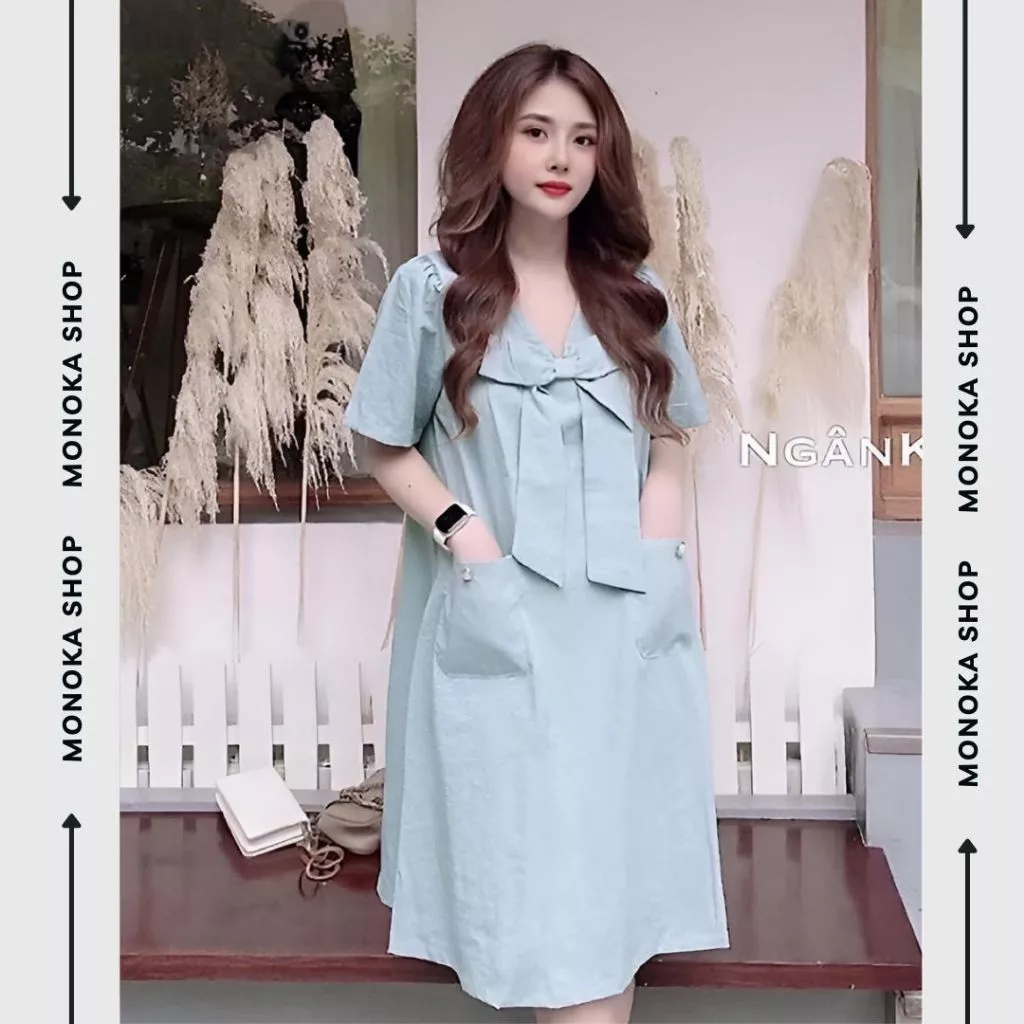 Váy babydoll cổ V cộc tay nơ to nhiều màu dễ thương Đầm nữ dáng rộng dài tới đầu gối bigsize bánh bèo xinh cute T645G