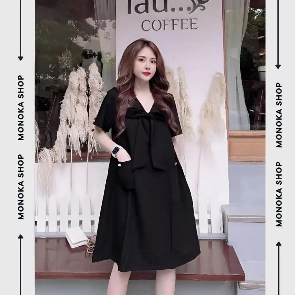Váy babydoll cổ V cộc tay nơ to nhiều màu dễ thương Đầm nữ dáng rộng dài tới đầu gối bigsize bánh bèo xinh cute T645G