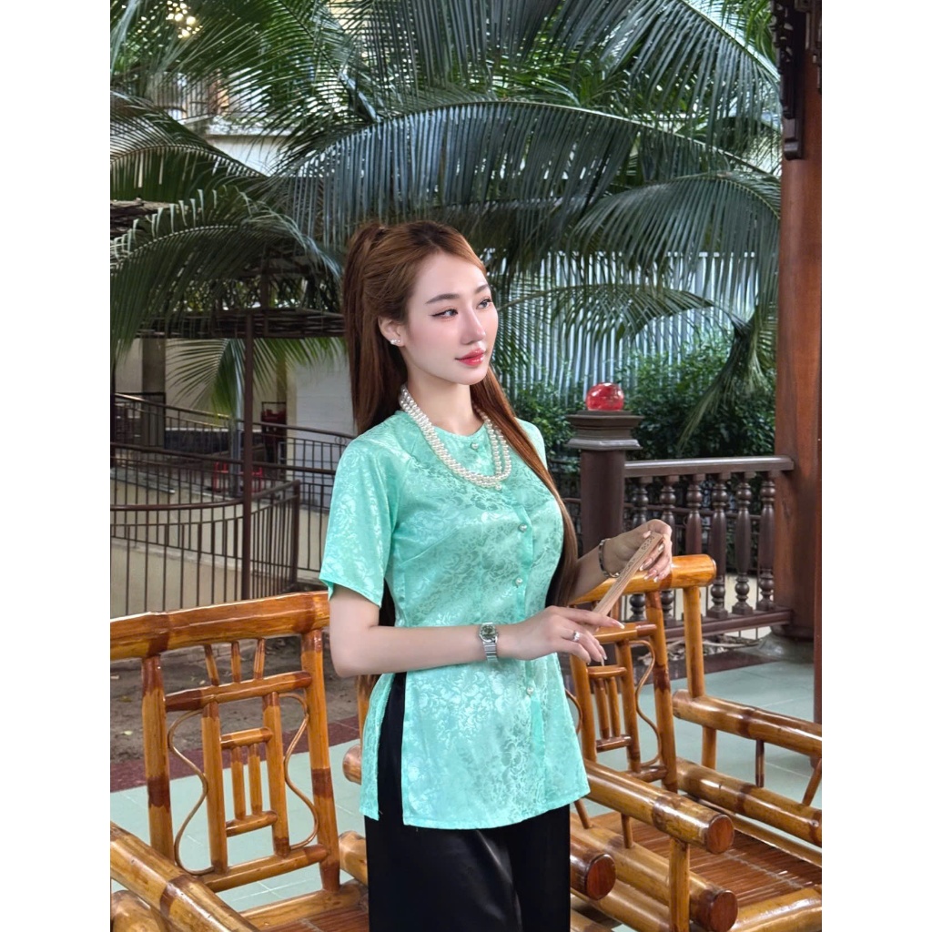 B.A121 - Áo Lẻ Bà Ba Gấm Hoa Mẫu Đơn Tay Ngắn Cài Nút Cổ Tròn