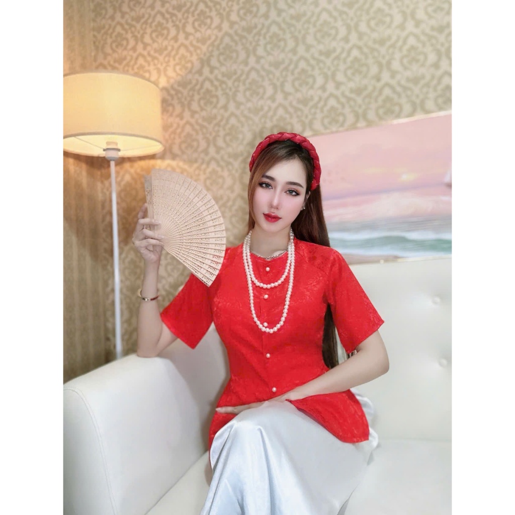 B.A121 - Áo Lẻ Bà Ba Gấm Hoa Mẫu Đơn Tay Ngắn Cài Nút Cổ Tròn