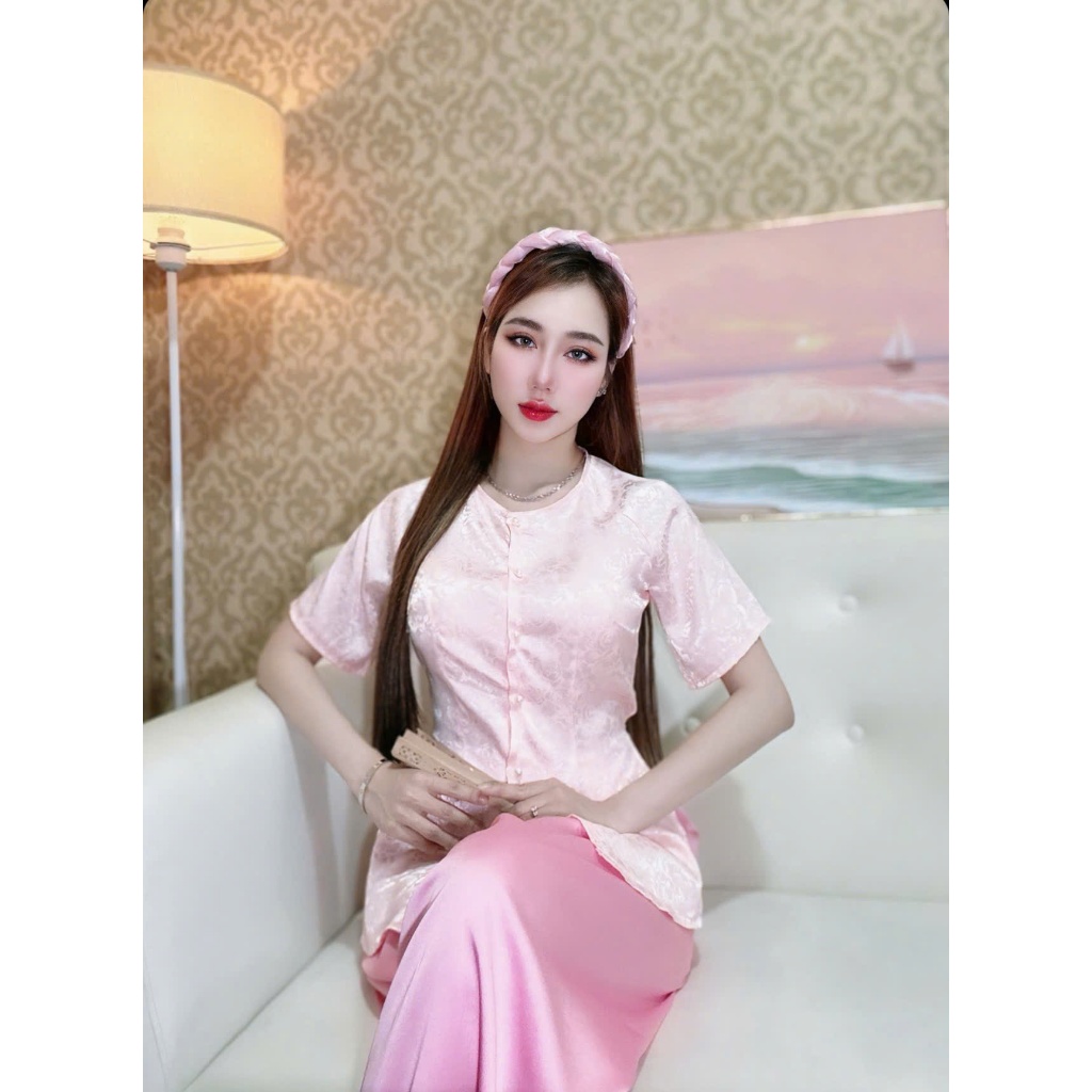 B.A121 - Áo Lẻ Bà Ba Gấm Hoa Mẫu Đơn Tay Ngắn Cài Nút Cổ Tròn