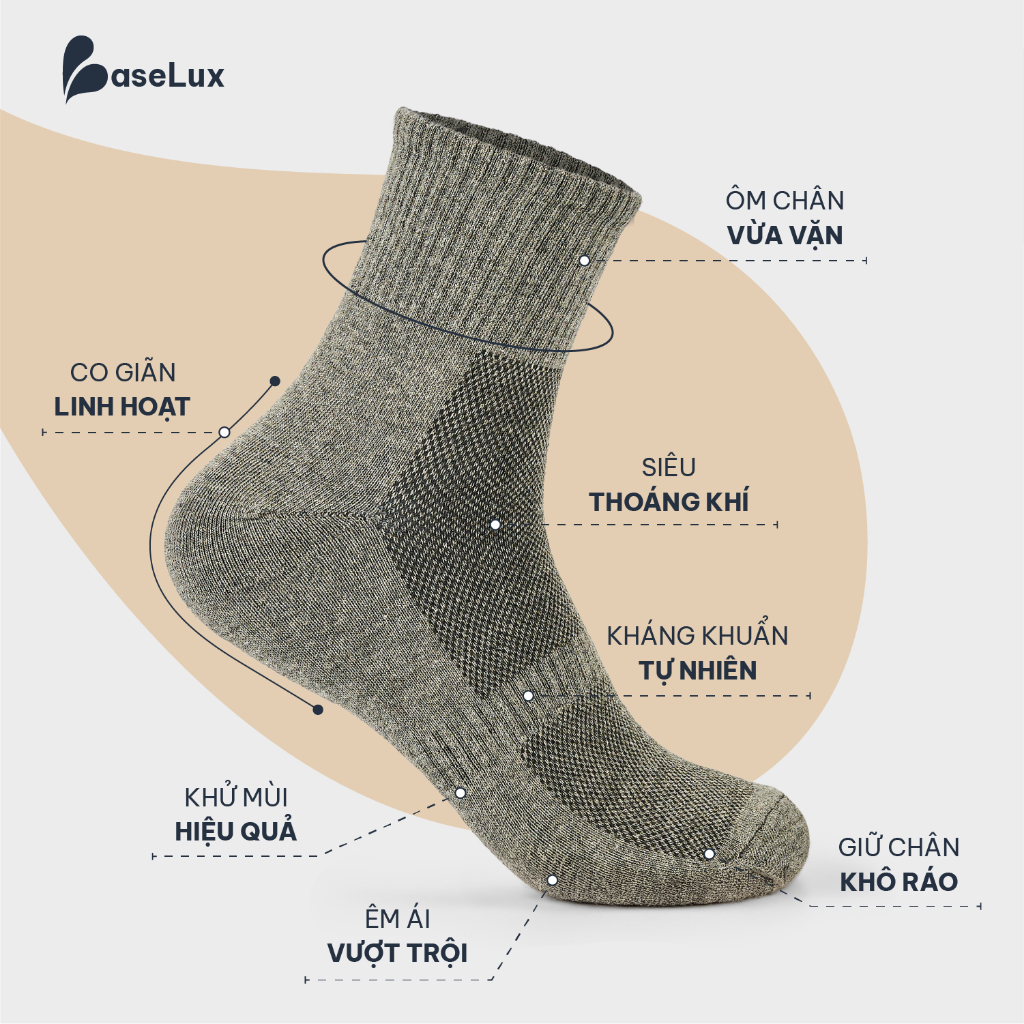 Tất nam cổ trung BaseLux tất cotton co giãn, vớ nữ mềm mại thoáng mát, tất đá bóng kháng khuẩn chống hôi chân