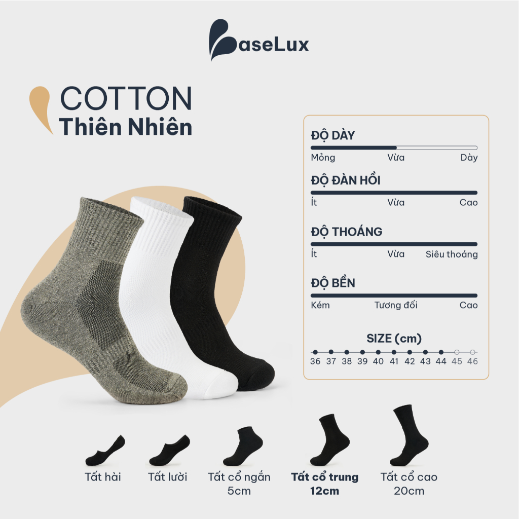 Tất nam cổ trung BaseLux tất cotton co giãn, vớ nữ mềm mại thoáng mát, tất đá bóng kháng khuẩn chống hôi chân