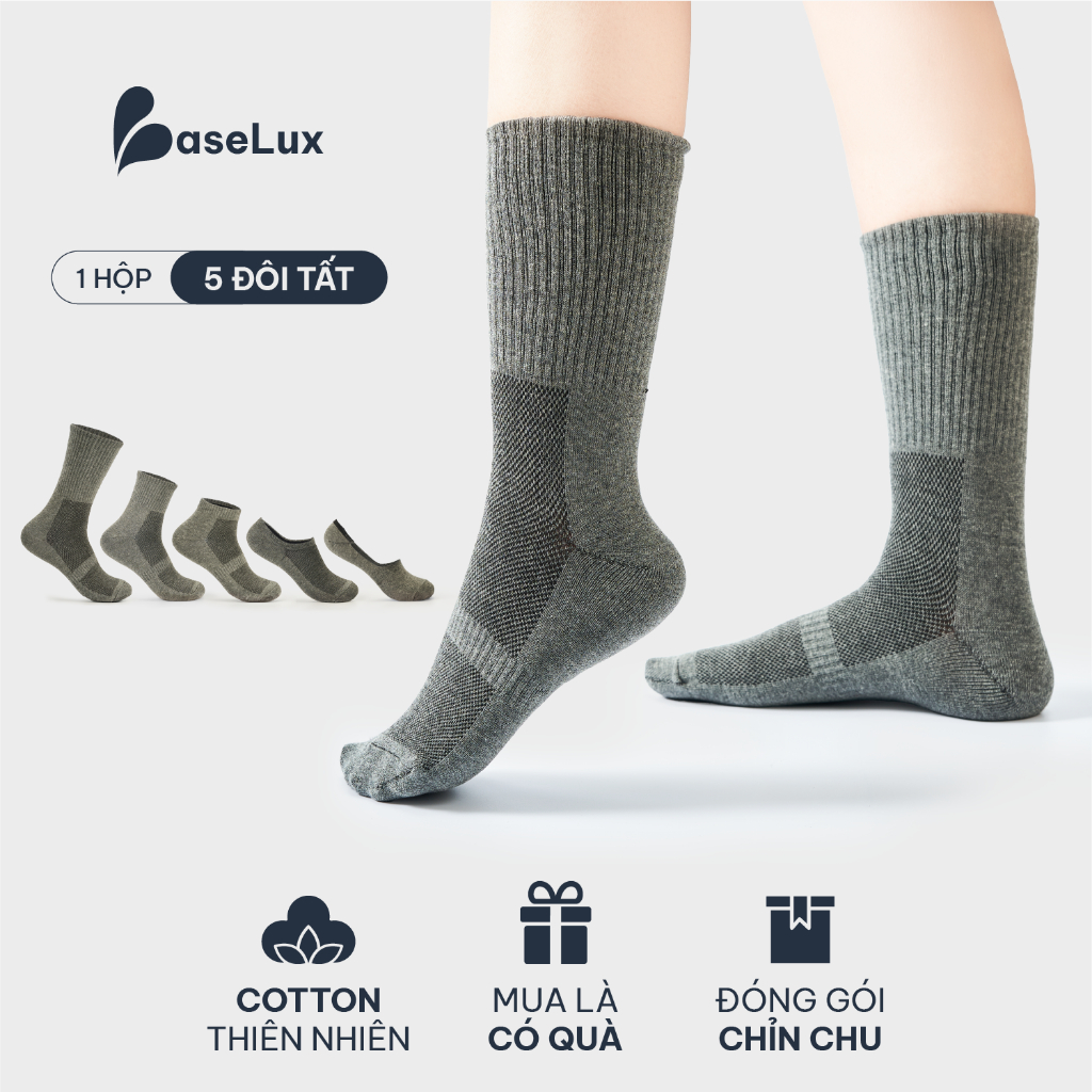 Tất cao cổ BaseLux Tất cotton thoáng mát Tất nam cổ ngắn kháng khuẩn khử mùi Tất lười nam mềm mại Tất nam cổ trung basic