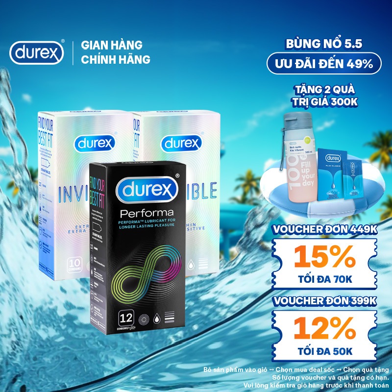 Bộ 2 hộp Durex Invisible siêu mỏng (52mm, 10 bao) + 1 hộp Performa kéo ...