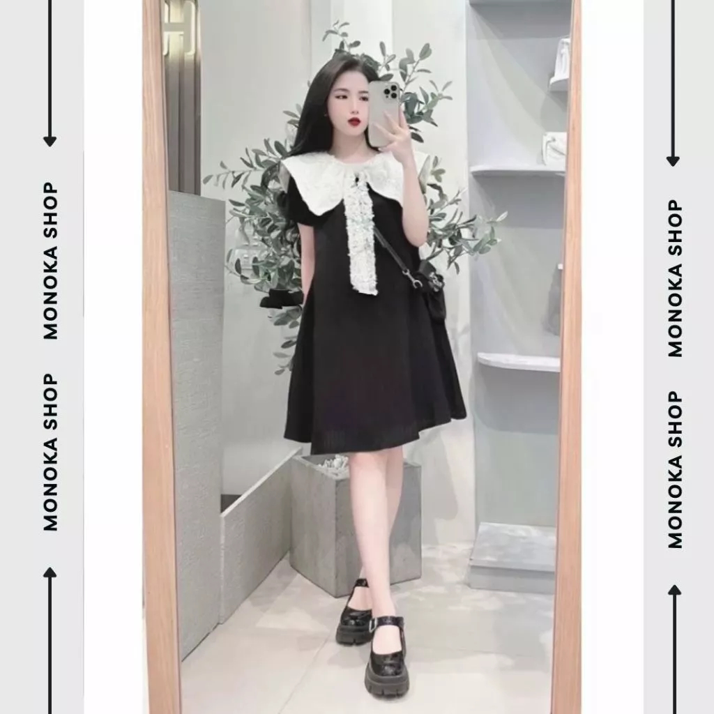 (Ảnh thật) Váy cổ thủy thủ babydoll dáng ngắn form rộng cổ Peter Pan ren thắt nơ cộc tay Đầm bầu dễ thương trẻ T1119G