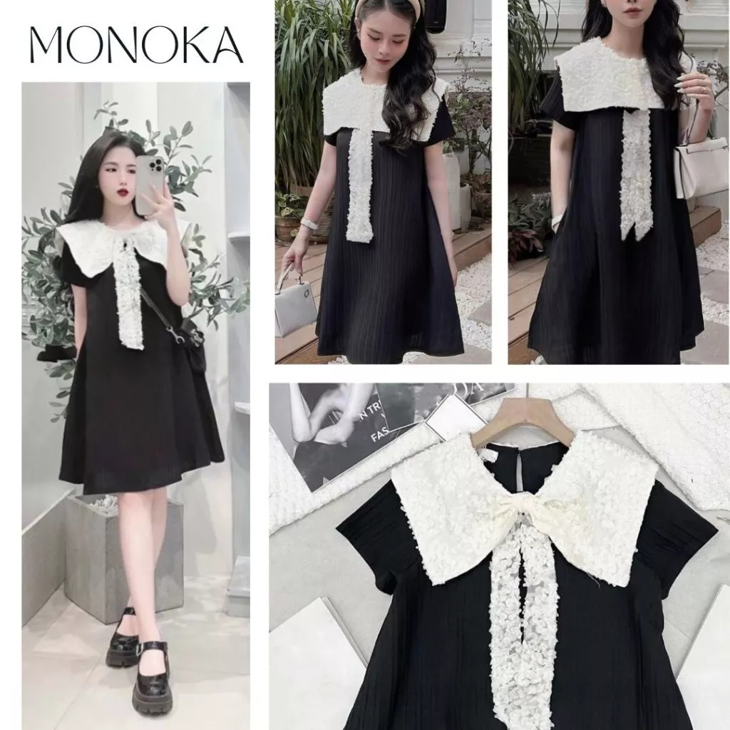 (Ảnh thật) Váy cổ thủy thủ babydoll dáng ngắn form rộng cổ Peter Pan ren thắt nơ cộc tay Đầm bầu dễ thương trẻ T1119G