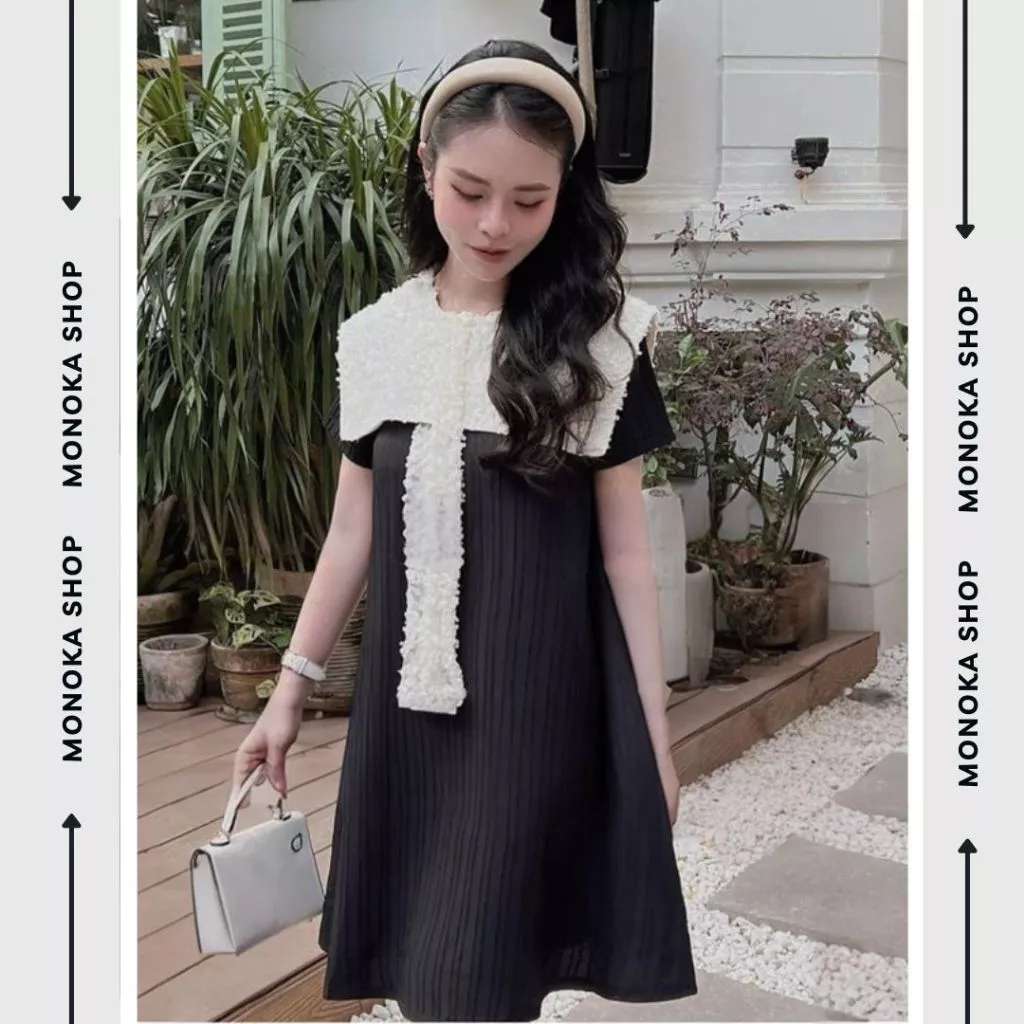 (Ảnh thật) Váy cổ thủy thủ babydoll dáng ngắn form rộng cổ Peter Pan ren thắt nơ cộc tay Đầm bầu dễ thương trẻ T1119G