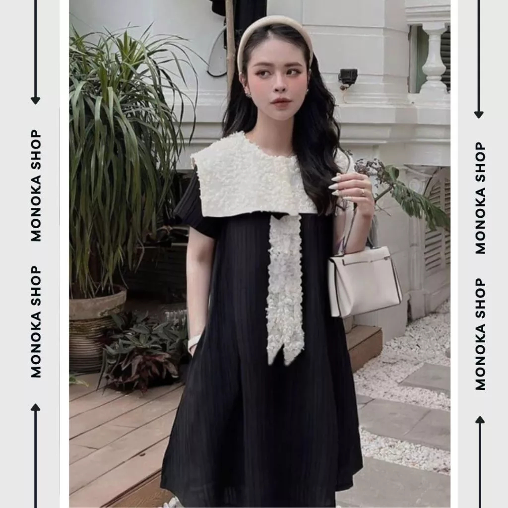 (Ảnh thật) Váy cổ thủy thủ babydoll dáng ngắn form rộng cổ Peter Pan ren thắt nơ cộc tay Đầm bầu dễ thương trẻ T1119G
