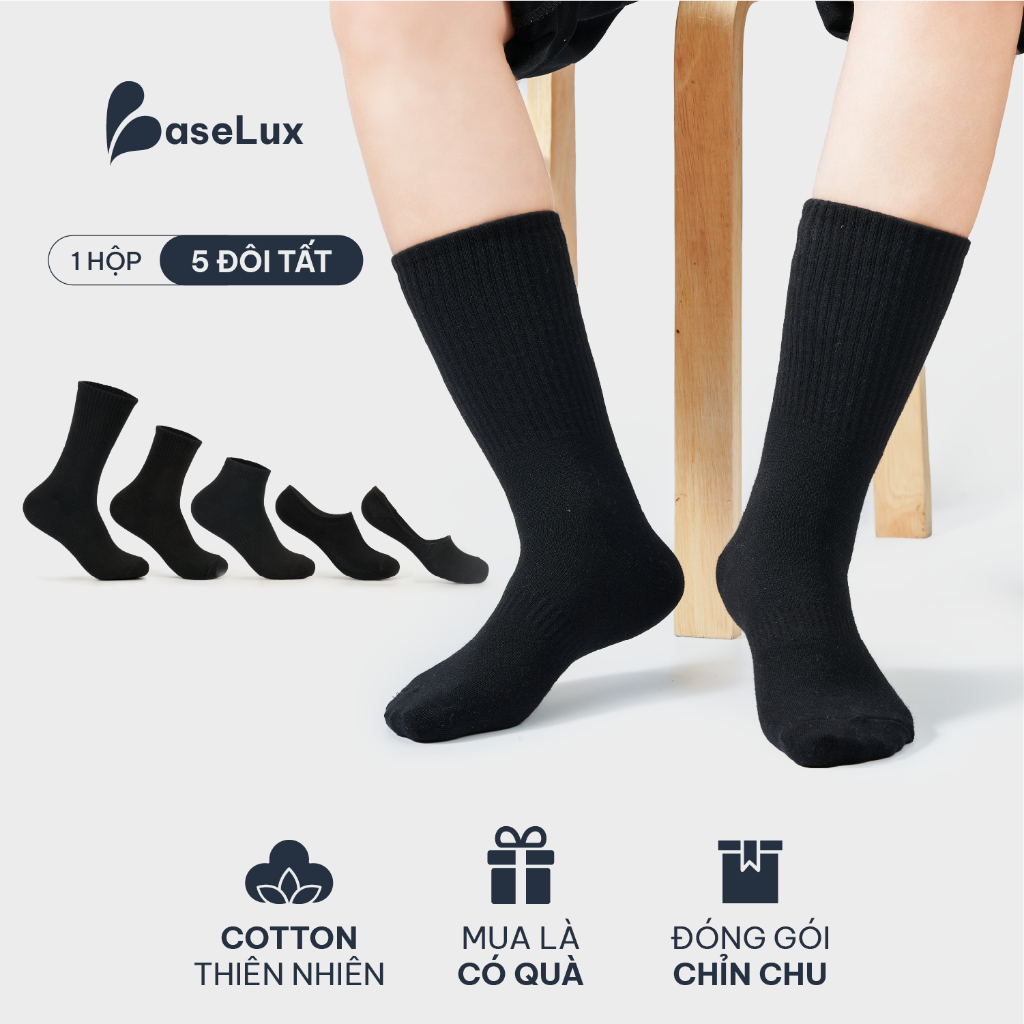 Tất đen BaseLux Tất cotton mềm mại Tất cổ ngắn kháng khuẩn chống hôi chân Tất đen dài co giãn Vớ nam basic dễ phối đồ