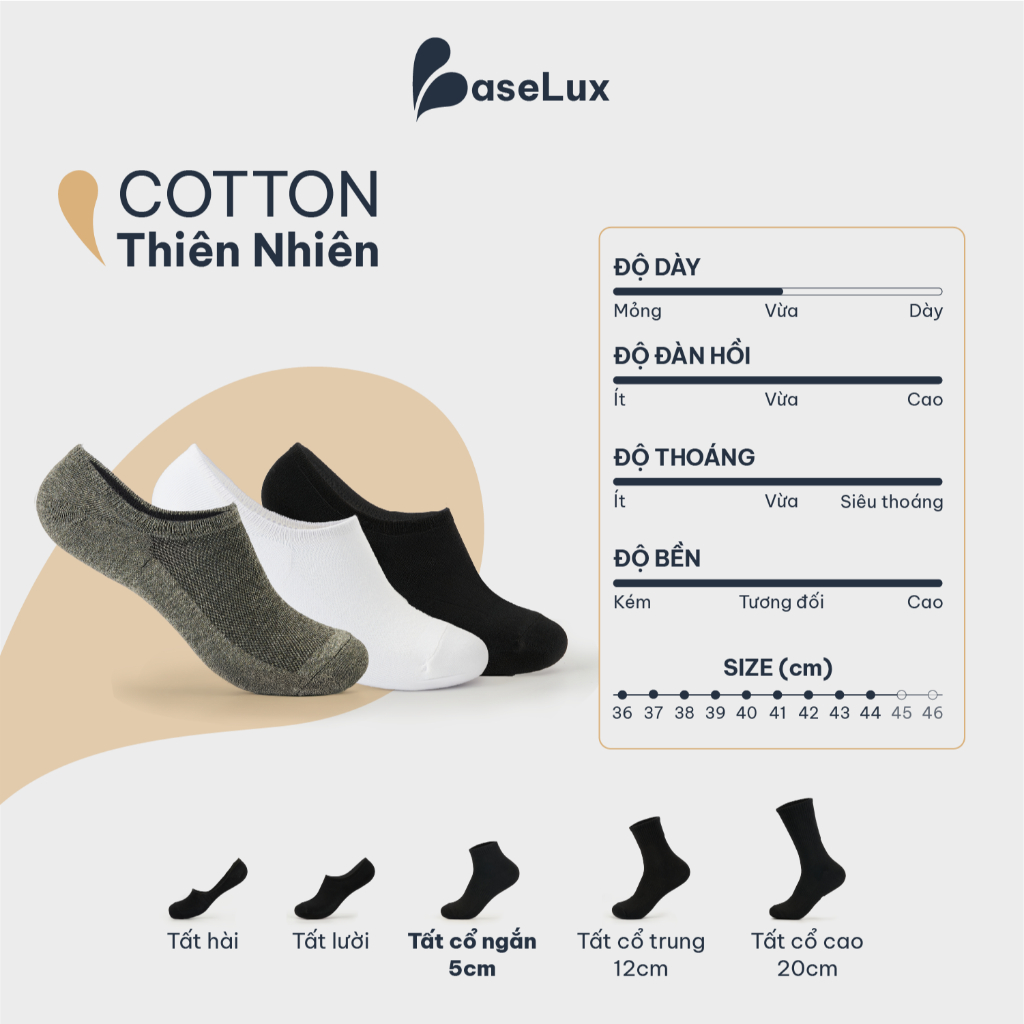 Tất lười nam BaseLux tất cotton thoáng mát, tất lười chống hôi chân, tất lười nữ basic, vớ lười kháng khuẩn khử mùi