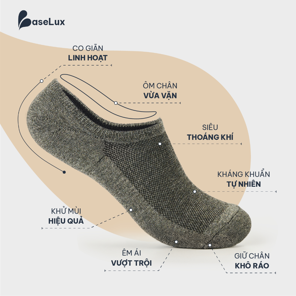 Tất lười nam BaseLux tất cotton thoáng mát, tất lười chống hôi chân, tất lười nữ basic, vớ lười kháng khuẩn khử mùi