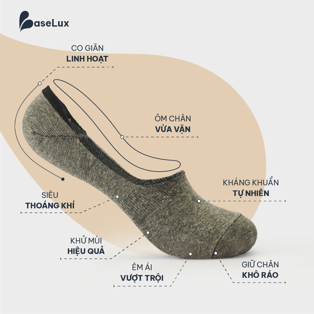 Tất lười BaseLux tất cotton thoáng khí, tất lười chống tuột gót kháng khuẩn, tất lười nam công sở Hàn Quốc