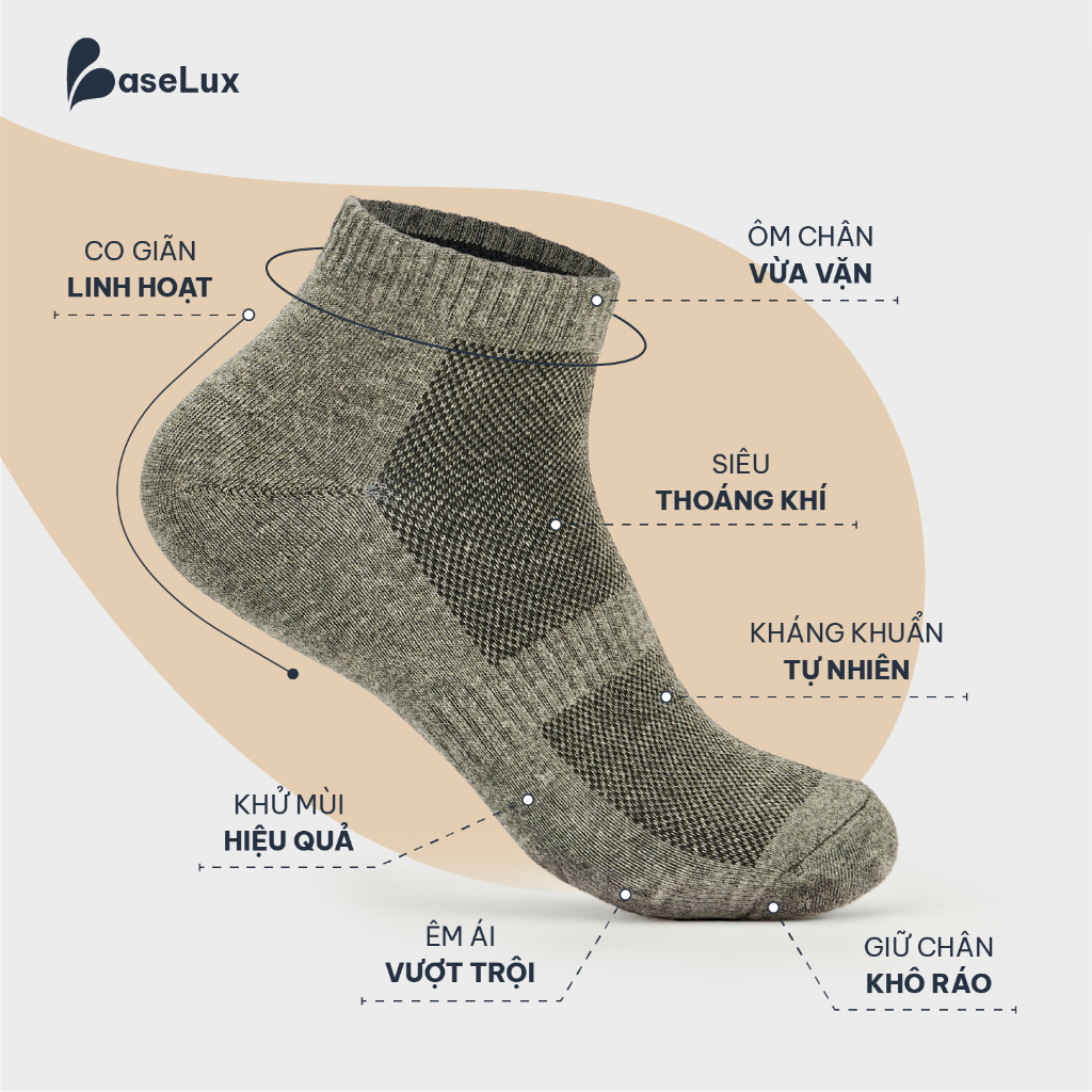 Tất nam cổ ngắn BaseLux tất cotton mềm mịn, tất nữ cổ ngắn thoáng khí, vớ nam basic unisex phong cách Hàn Quốc
