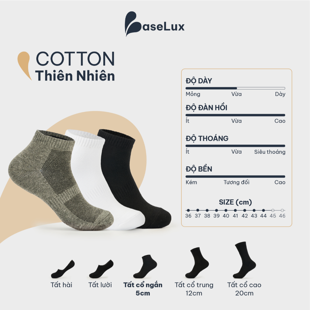 Tất nam cổ ngắn BaseLux tất cotton mềm mịn, tất nữ cổ ngắn thoáng khí, vớ nam basic unisex phong cách Hàn Quốc