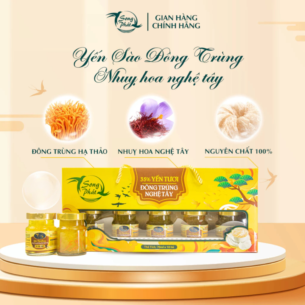 Hộp Quà 10 hũ yến chưng đông trùng hạ thảo với nhụy hoa nghệ tây Song Phát hỗ trợ đề kháng chống lão hóa