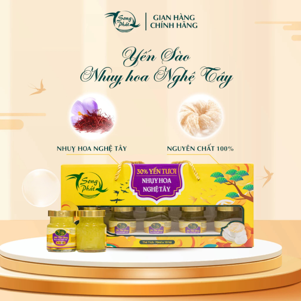 Hộp quà 10 hũ Tổ yến chưng Nhụy Hoa Nghệ Tây Saffron Song Phát nguyên chất giảm mụn mờ nám đẹp da 70ml